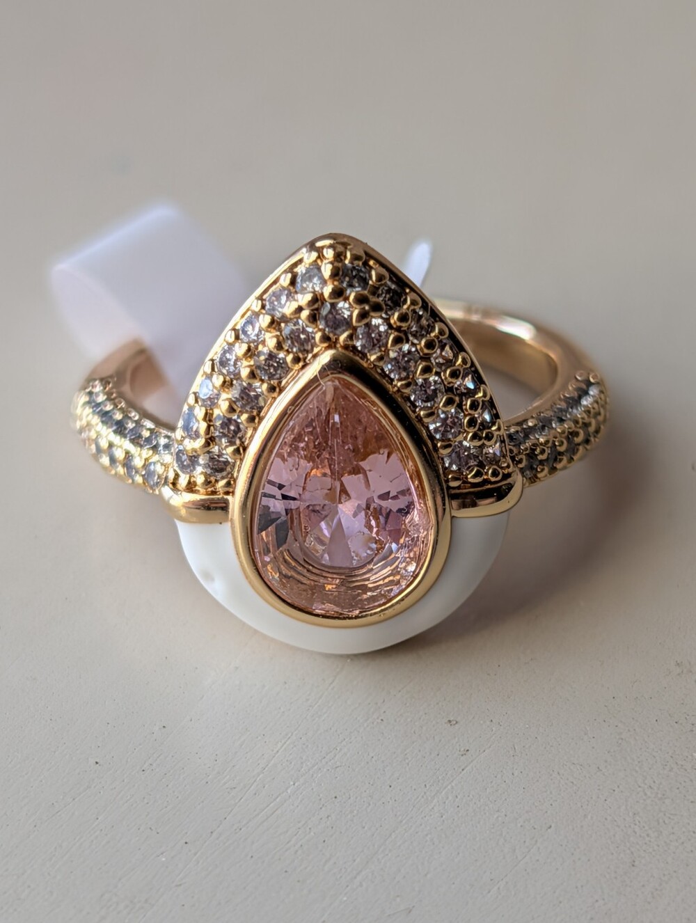 Bomb Party Enamel Pink Quartz on Gold Ring Size 6
